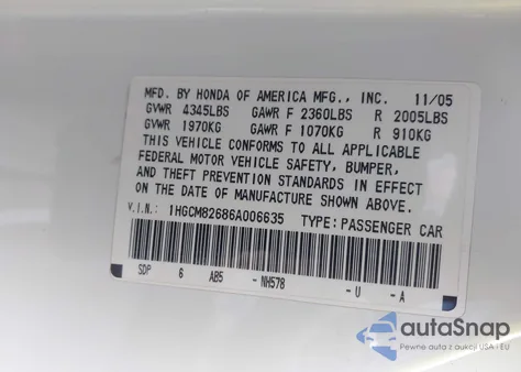 2006 Honda Accord 3.0 Ex from USA, damaged, VIN 1HGCM82686A006635